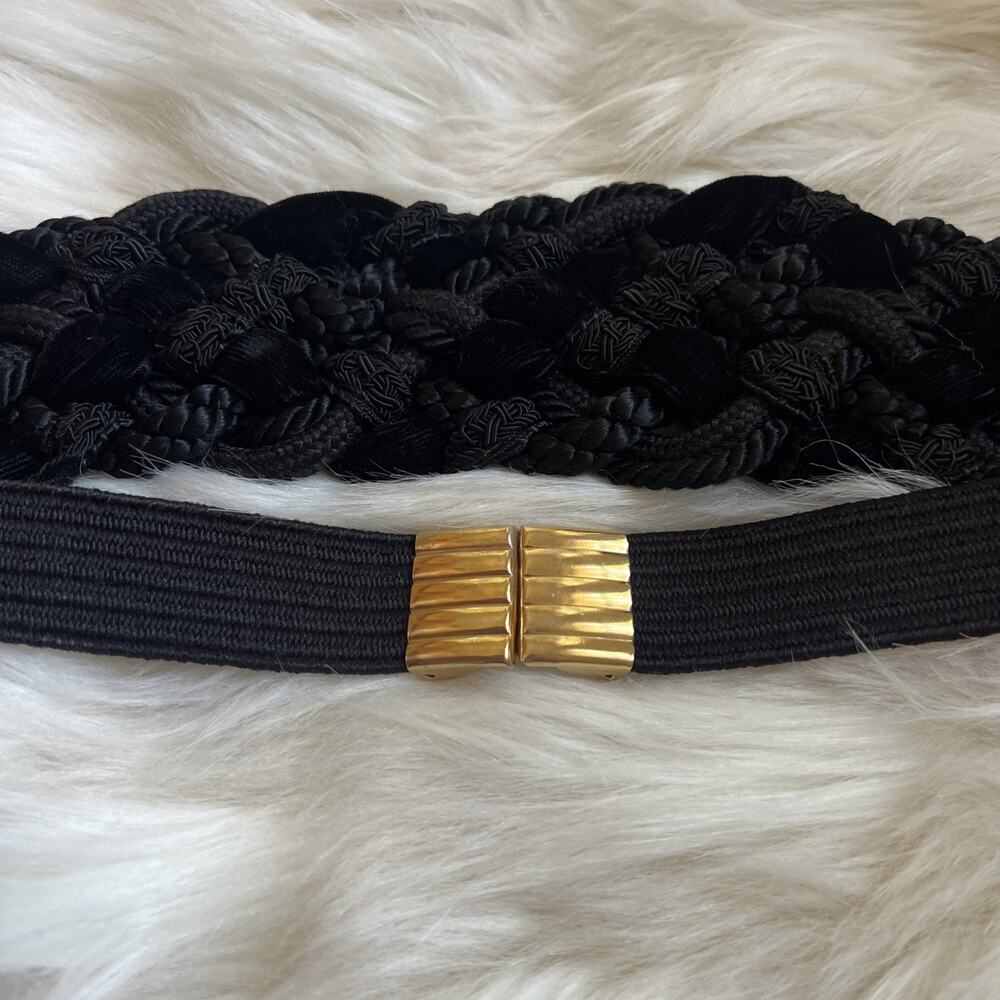 80s Leather Shop Black Passementerie Braided Rope Belt Gold Clasp Cinch Corde